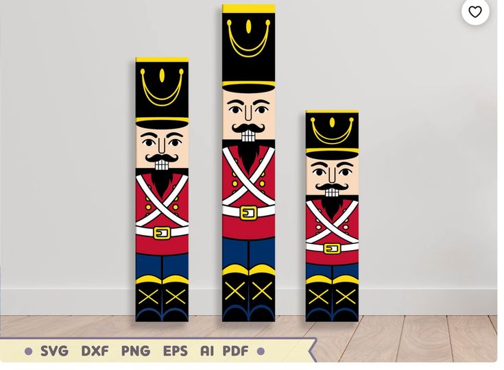 three tall wooden nutcrackers with faces painted on them, standing in front of a white wall