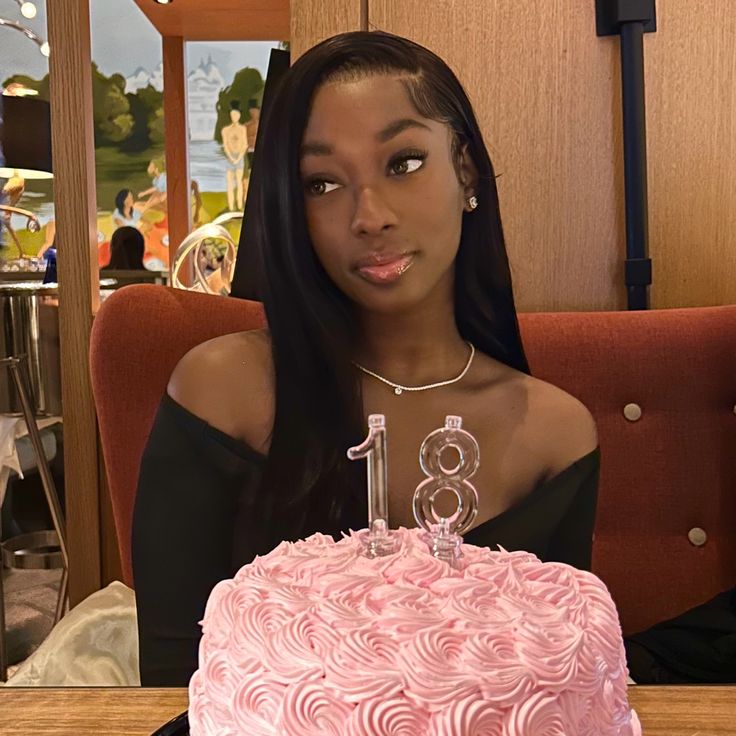 Girl with a black dress sitting down at a table with a pink rose birthday cake with 18 candles 18th Birthday Black Women, 18th Birthday Photos, 18th Birthday Pictures, Pink 18th Birthday Cake, Birthday Cake Ideas Pink, Pink 18th Birthday Party, Pink 18th Birthday, Picture Motivation, Birthday Dump