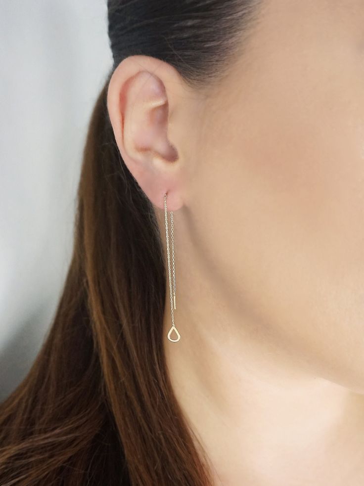 14K 9K Gold Teardrop Threader Earrings, Solid Gold Minimalist Earrings, Dainty Teardrop Threaders, Long Chain Drop Earrings, Edgy Ear Thread, Pull through chain earrings. Gift for her, FREE EXPRESS SHIPPING Dainty and minimalist 14K or 9K Solid gold threader earrings with a small teardrop. A lovely, versatile pair of earrings/earring that you will love wearing all day, everyday! Whisper...I love Geometry! :) ------------------------------------------- D E T A I L S 14K Solid Gold or 9K Solid Gol Minimalist Long Drop Hypoallergenic Earrings, Minimalist Hypoallergenic Long Drop Earrings, Dainty Long Drop Teardrop Earrings For Pierced Ears, Elegant Teardrop Threader Earrings, Elegant Teardrop Threader Earrings For Everyday, Elegant Everyday Teardrop Threader Earrings, 14k Gold Filled Teardrop Linear Earrings For Everyday, Everyday 14k Gold Filled Teardrop Linear Earrings, Dainty Teardrop Earrings With Delicate Chain