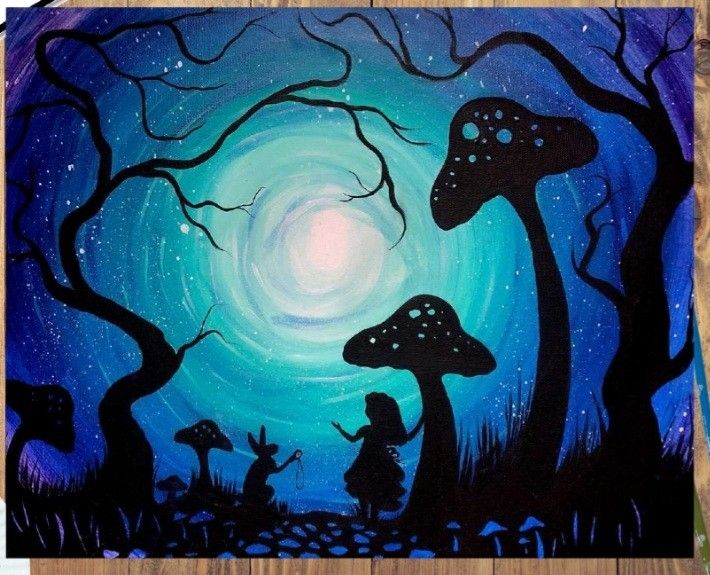 an acrylic painting of mushrooms in the woods at night