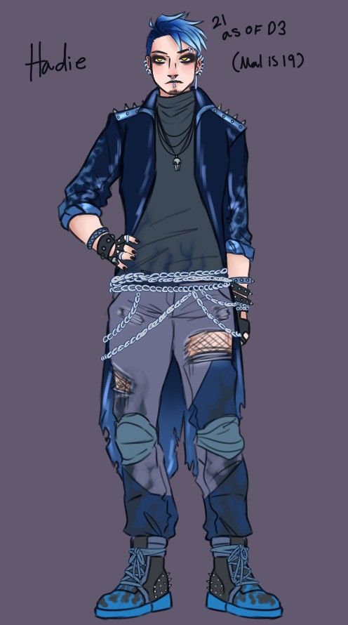 a drawing of a man with blue hair and chains on his pants, wearing black leather jacket