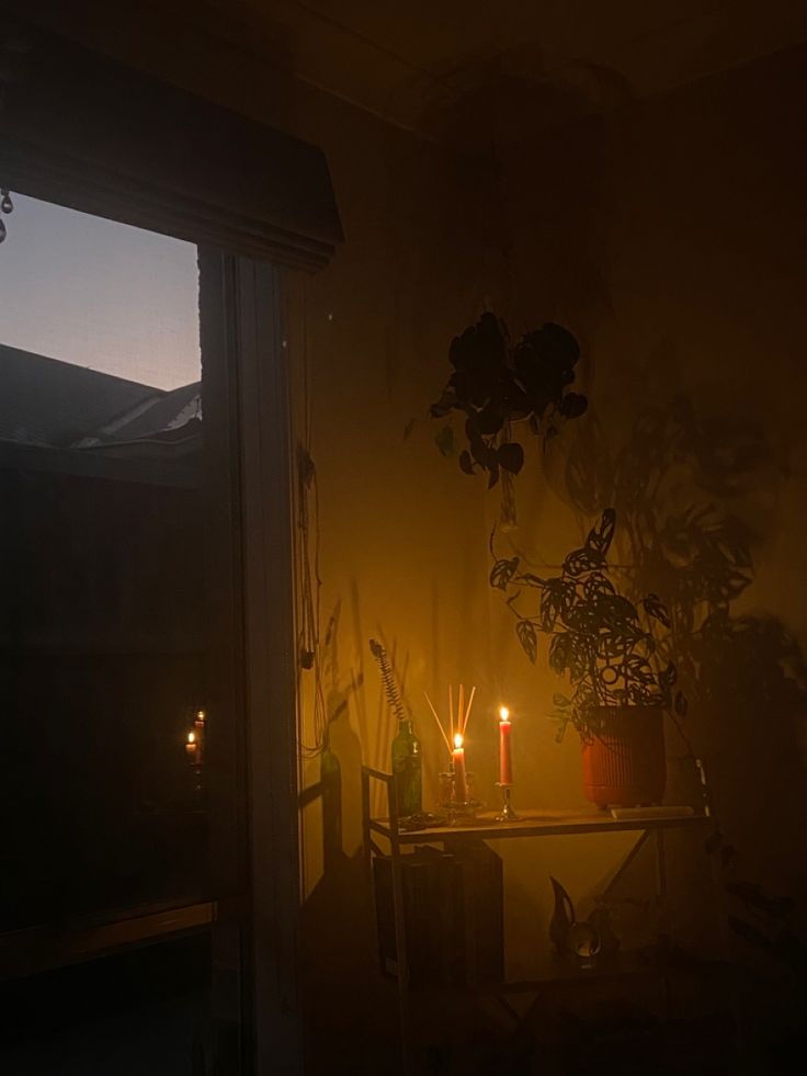 candles are lit on a table in the dark with flowers and plants next to it