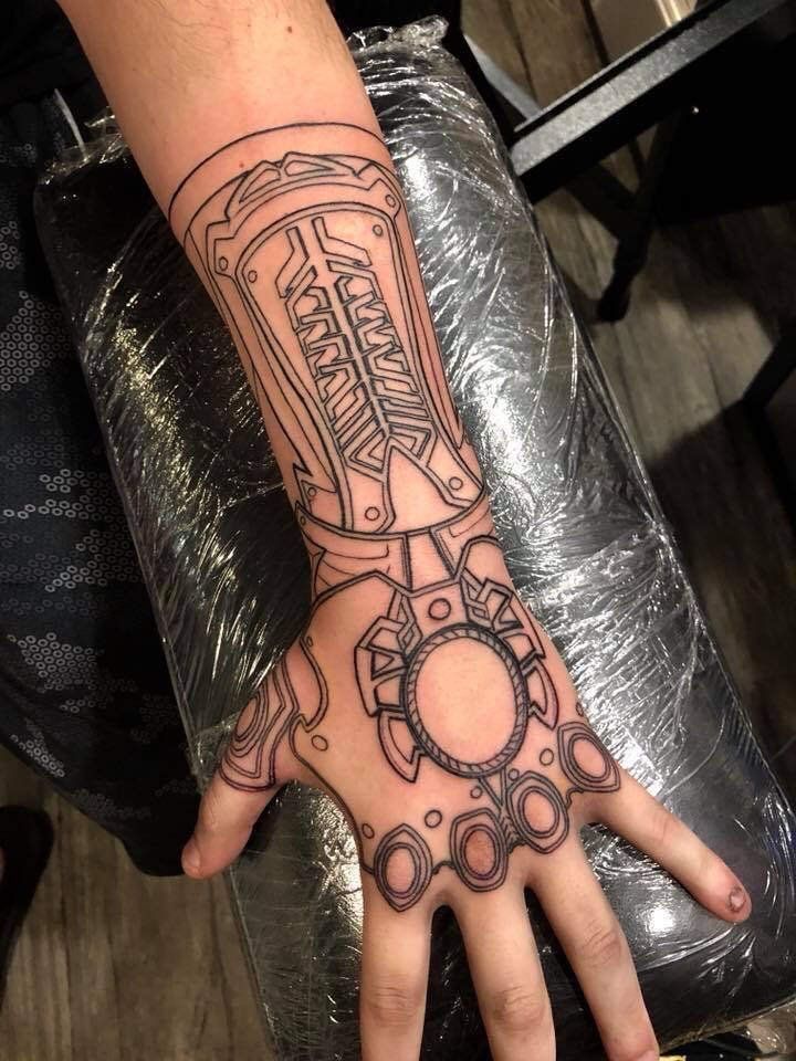 a person's hand with a tattoo on it and a wrench in the middle