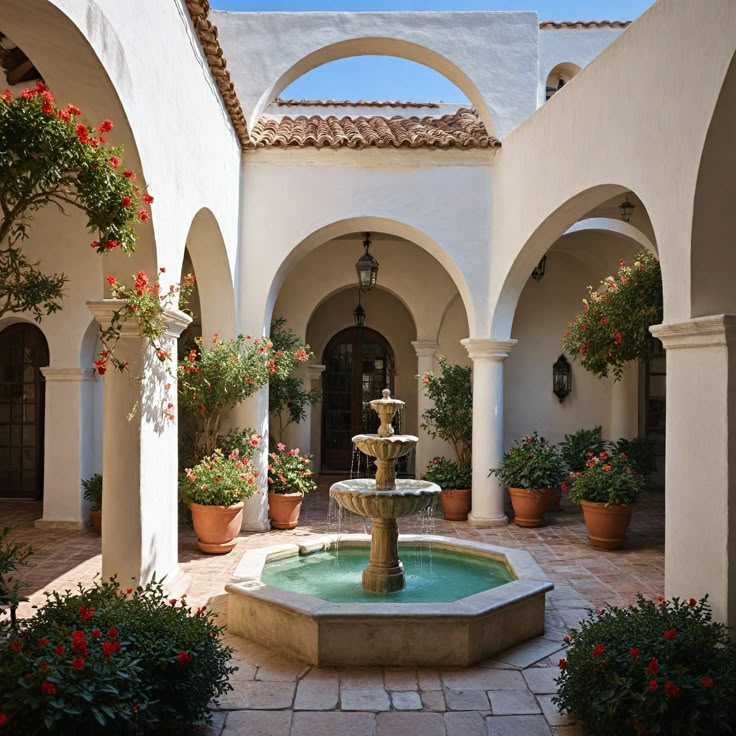 a fountain surrounded by potted plants in front of a building with arches and windows