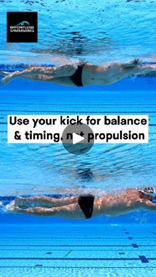 two people swimming in a pool with the words use your kick for balance and time no prop