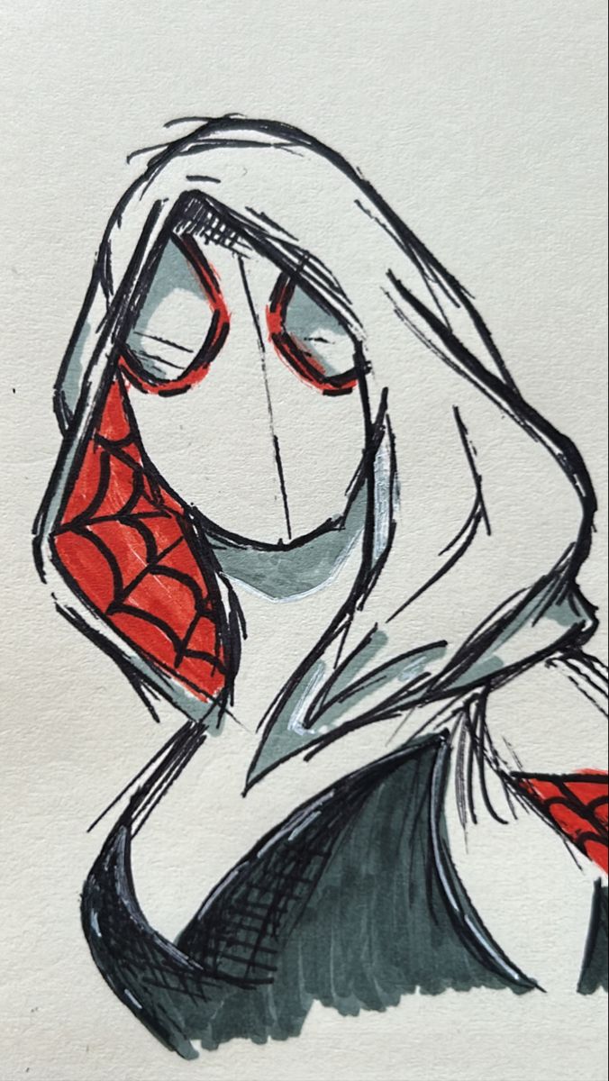 a drawing of a woman with red eyes and a spider - man hoodie on