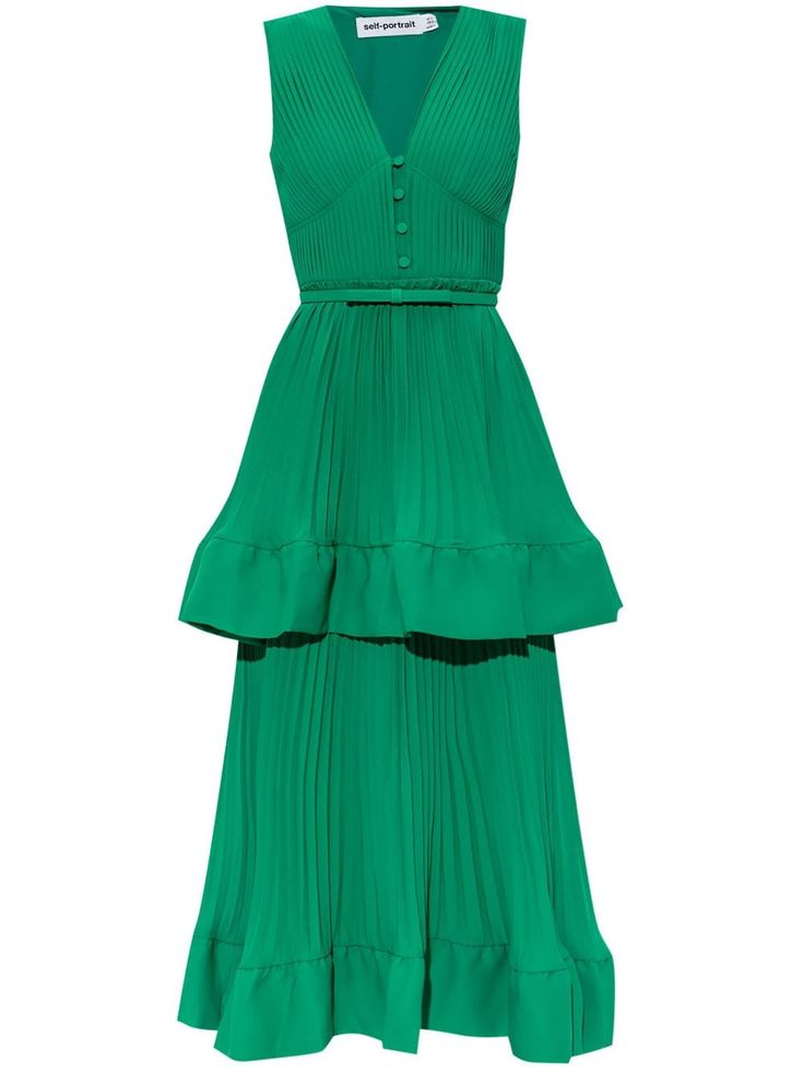 dark green chiffon fully pleated tiered skirt front button placket V-neck sleeveless belted waist ruffled detailing A-line skirt ruffle hem mid-length Midi Dress Green, Green Dress Casual, Self Portrait Dress, Chiffon Midi Dress, Wardrobe Edit, Midi Length Skirts, Pleated Fabric, Satin Midi Dress, Green Midi Dress