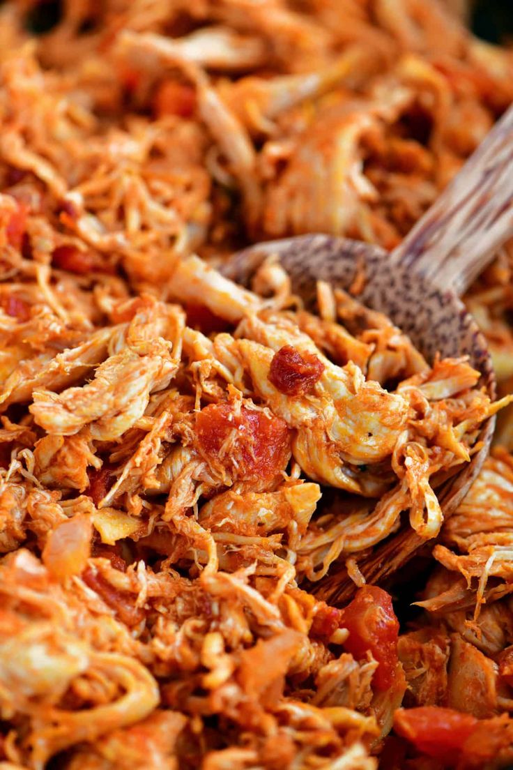 shredded meat and vegetables in a bowl with a wooden spoon on the side, ready to be eaten