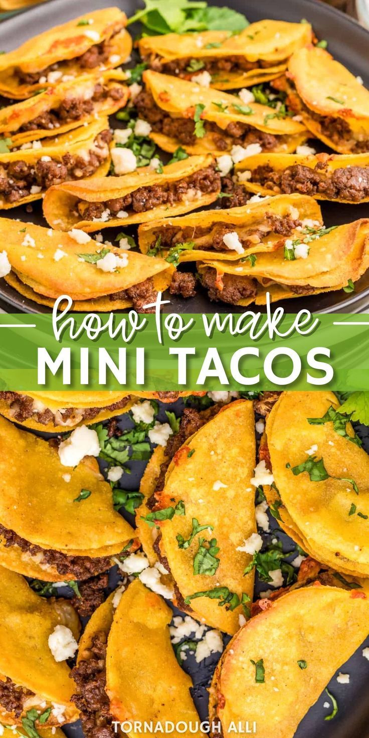 the recipe for how to make mini tacos is shown in front of a platter with