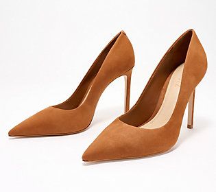 These pointed toe pumps are the shoes that are going to bless your daily fashion with all the chicness you could ever need. They're an all-year must-have. From Schutz. Wood Brown Color, Fashionable Work Outfit, Size 11 Heels, 4 Inch Heels, Suede Pumps, Stiletto Heel, Colorful Fashion, Daily Fashion, 4 H