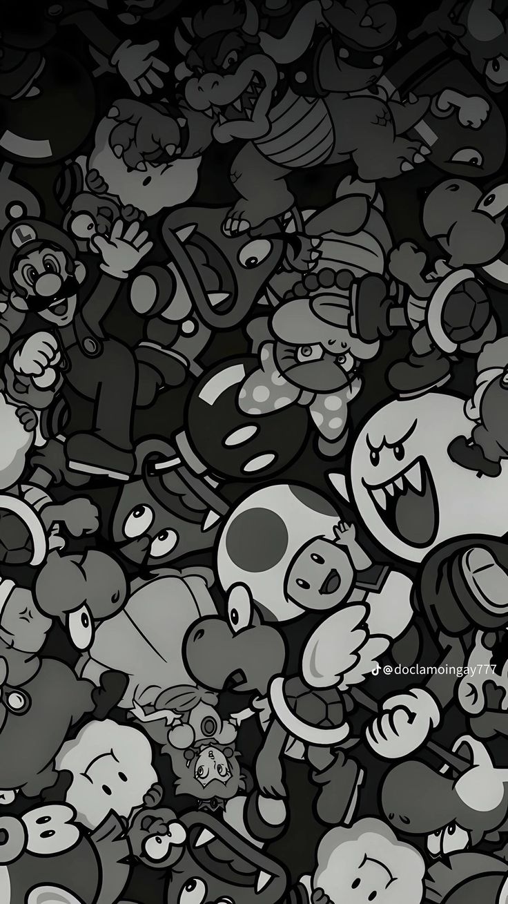 an image of many different cartoon characters in black and white colors, all grouped together