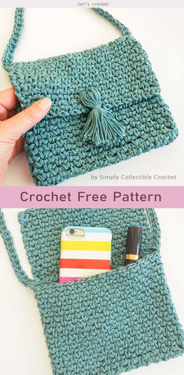 the crochet purse is made with yarn and has a small pocket for it to hold