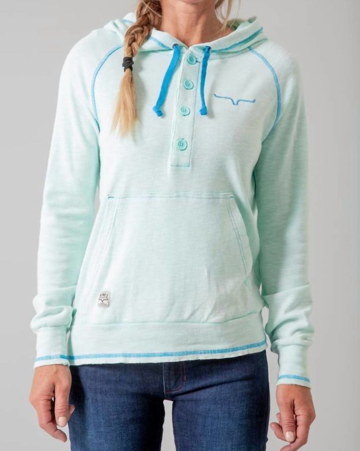 Cooler temps call for layering and we love this adorable sweatshirt for all the obvious reasons. Light weight women's hoodieEmbroidered logo on chestFront kangaroo pocketHood on back with drawstring cordsLong sleevesContrast stitching throughoutButton closures on front KIMES Sunrise Hoodie in Mint | Mint | Materials & Care Instructions: ['94% Cotton, 6% Spandex', 'Imported'] Hooded Cotton Sweats, Blue Sweats With Drawstring Hood, Casual French Terry Sweats With Kangaroo Pocket, Casual Sweatshirt With Kangaroo Pocket For Everyday, Long Sleeve French Terry Top With Kangaroo Pocket, French Terry Long Sleeve Top With Kangaroo Pocket, Cozy Top With Kangaroo Pocket, Relaxed Fit French Terry Top With Kangaroo Pocket, Casual Fleece Top With Drawstring