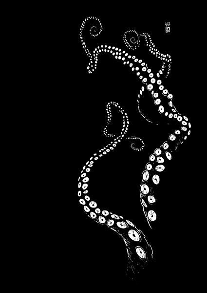 an octopus with pearls on it's tail is shown in black and white colors