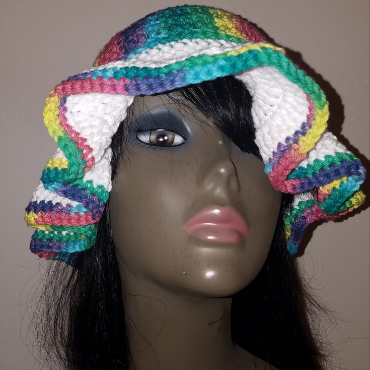 Woman's Multi Color And White Crochet Cotton Floppy Hat. 100% Cotton. Cowboy Crochet, Accessories Crochet, Handcrafted Accessories, White Crochet, Diy Crochet, Floppy Hat, Crochet Hats, Hand Crafted, Cowboy