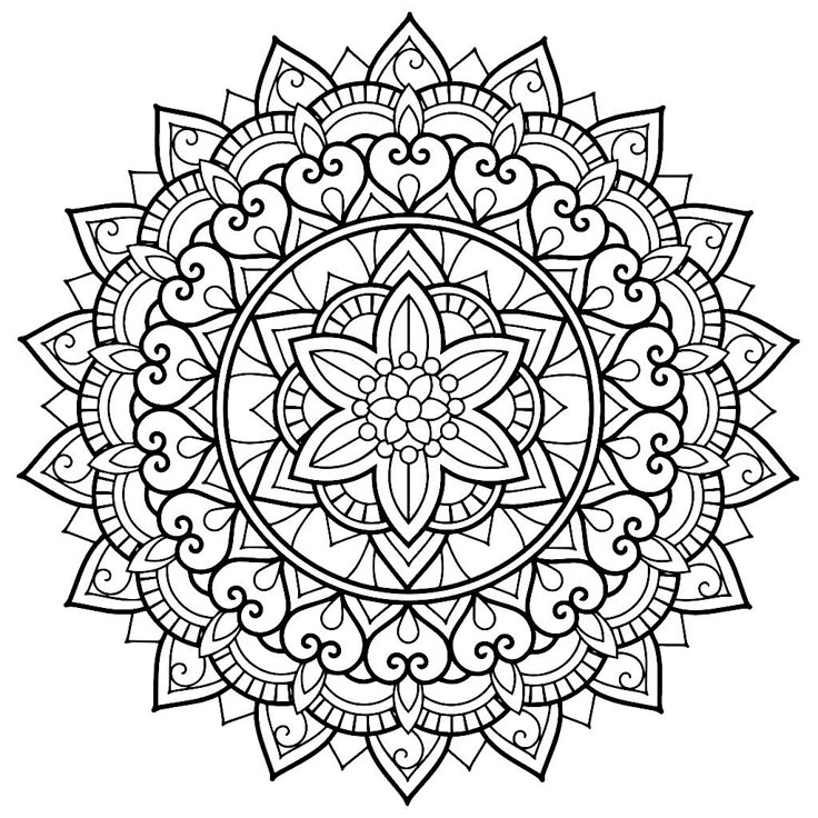 a black and white drawing of a circular flower design with swirls on the petals