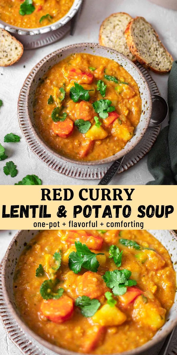 red curry lentil and potato soup with bread on the side