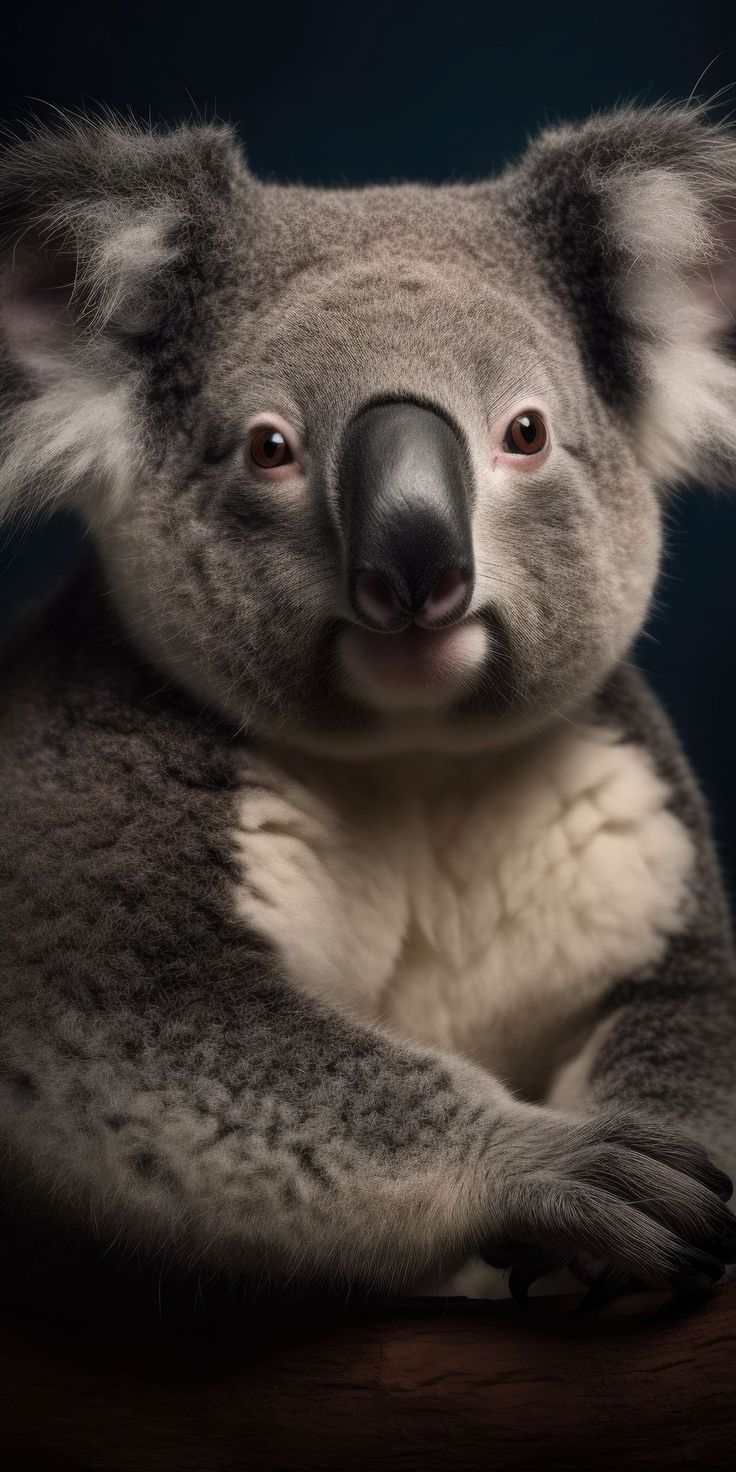 a koala sitting on top of a wooden table next to a black background and looking at the camera