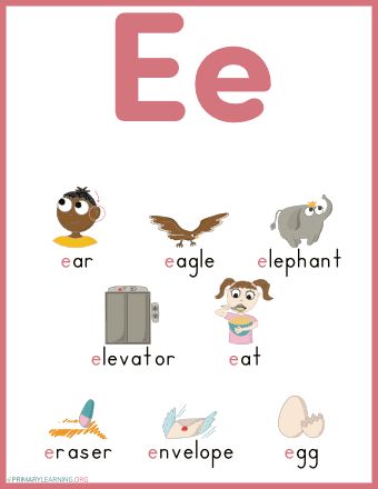 the letter e is for elephant, eagle, elephant and other animals with their names