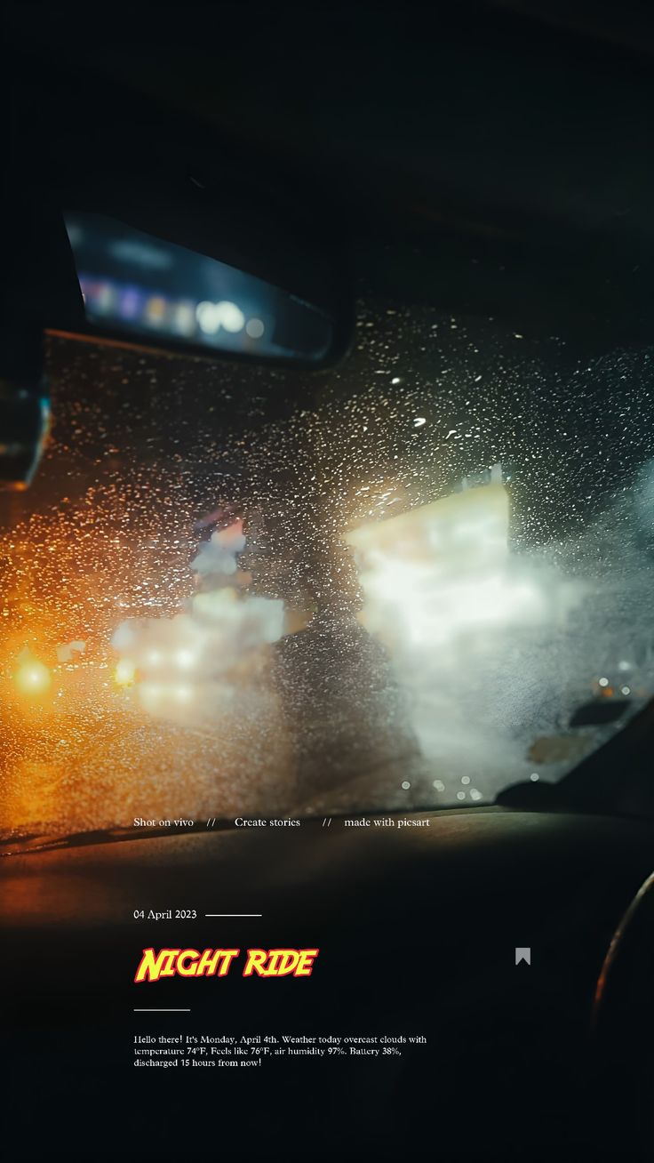 the back window of a car is covered in rain and lightening up traffic at night