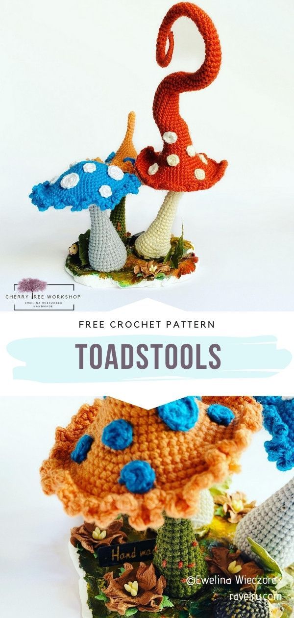 two crocheted toadstools sitting on top of each other