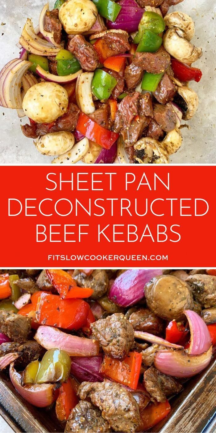 sheet pan dish with beef and vegetables in it, including red onions, green peppers, and potatoes