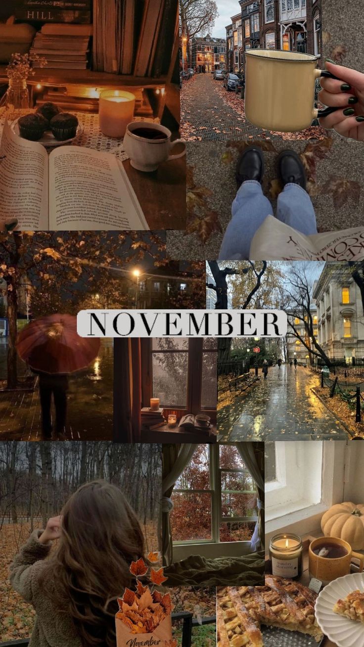 a collage of pictures with people and food in them, including books, candles, trees, buildings, and the words november