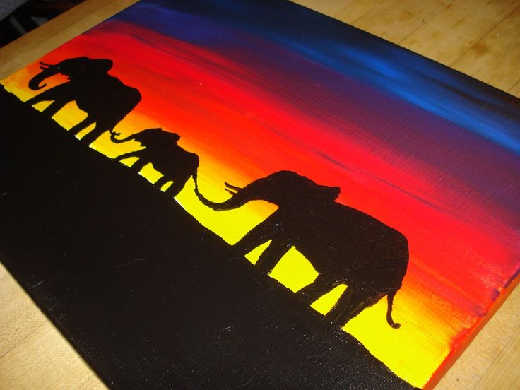 a painting of three elephants walking in the sunset