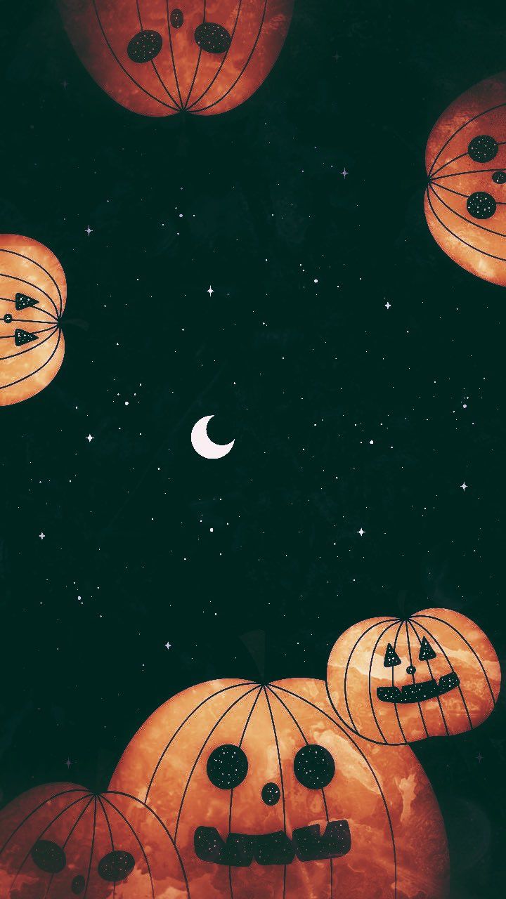 pumpkin lanterns floating in the air with faces drawn on them, and moon behind them