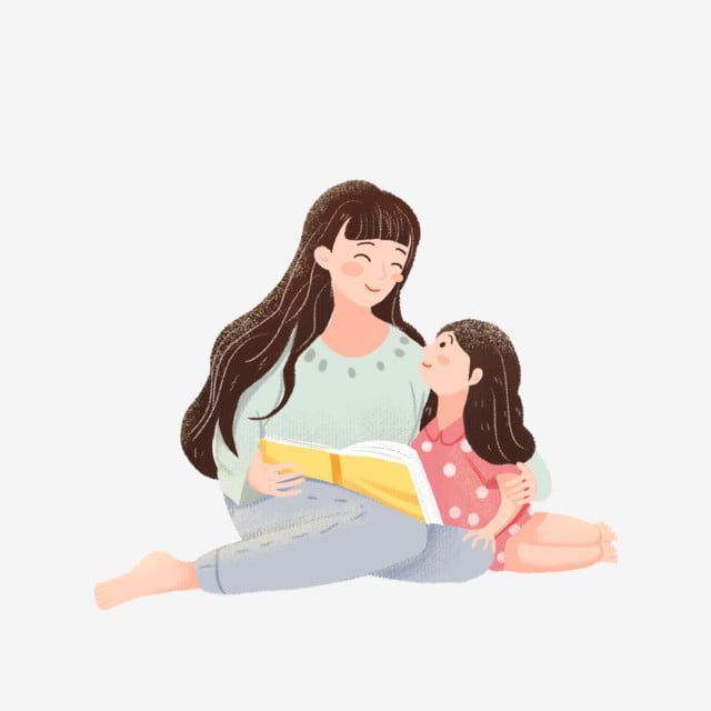 a mother reading a book to her daughter sitting on the floor, illustration, cartoon png and psd