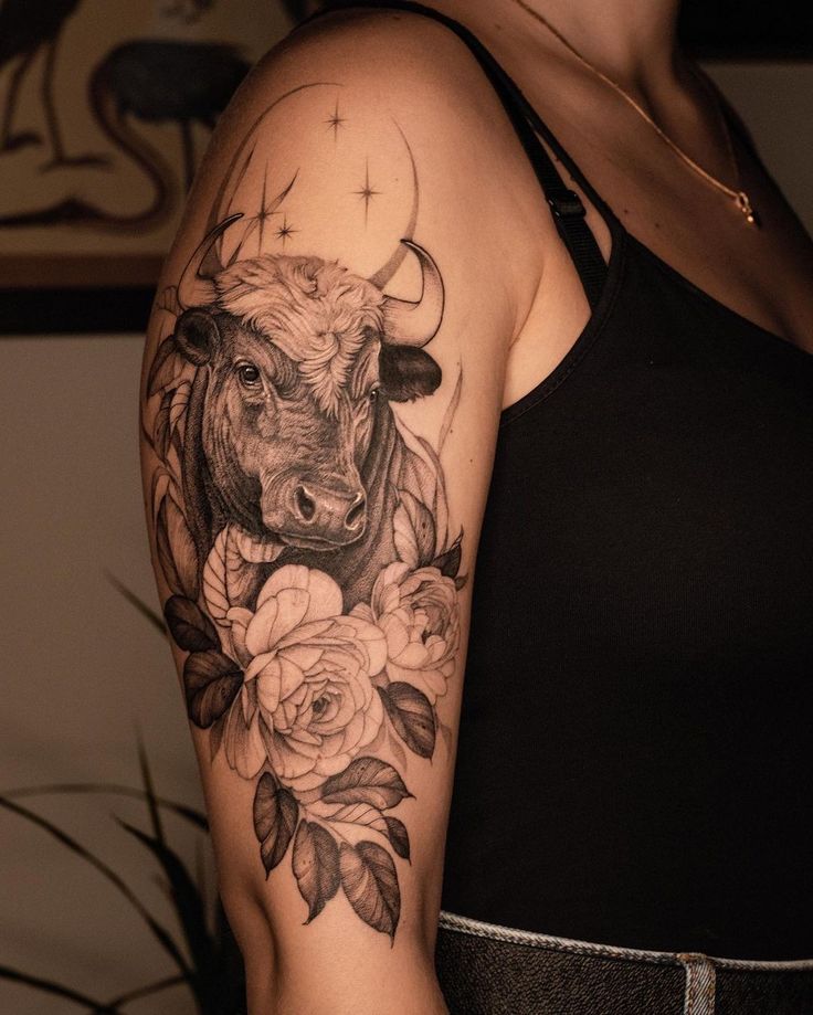 a woman with a cow and roses tattoo on her arm