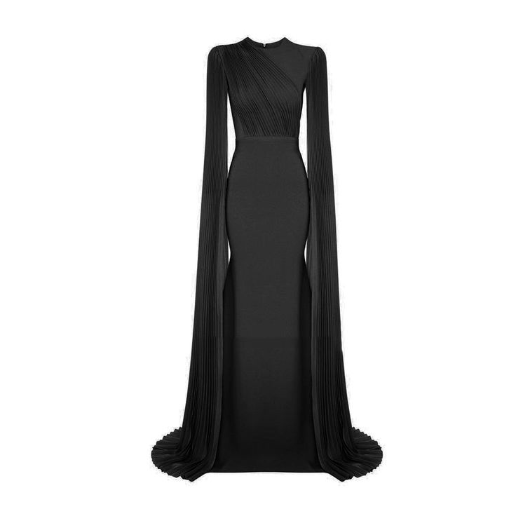 Black SIKIA Long Sleeves Maxi Evening Dress Gown – I The Label Fitted Pre-draped Evening Dress With Cape Sleeves, Fitted Dresses With Sweep Train And Cape Sleeves, Pre-draped Fitted Dress With Cape Sleeves, Evening Dress With Sheer Sleeves, Chiffon Long Sleeve Evening Gown, Fitted Maxi Dress With Cape Sleeves For Evening, Fitted Chiffon Gown With Sweep Train, Black Fitted Gown With Cape Sleeves, Fitted Chiffon Gown Dress