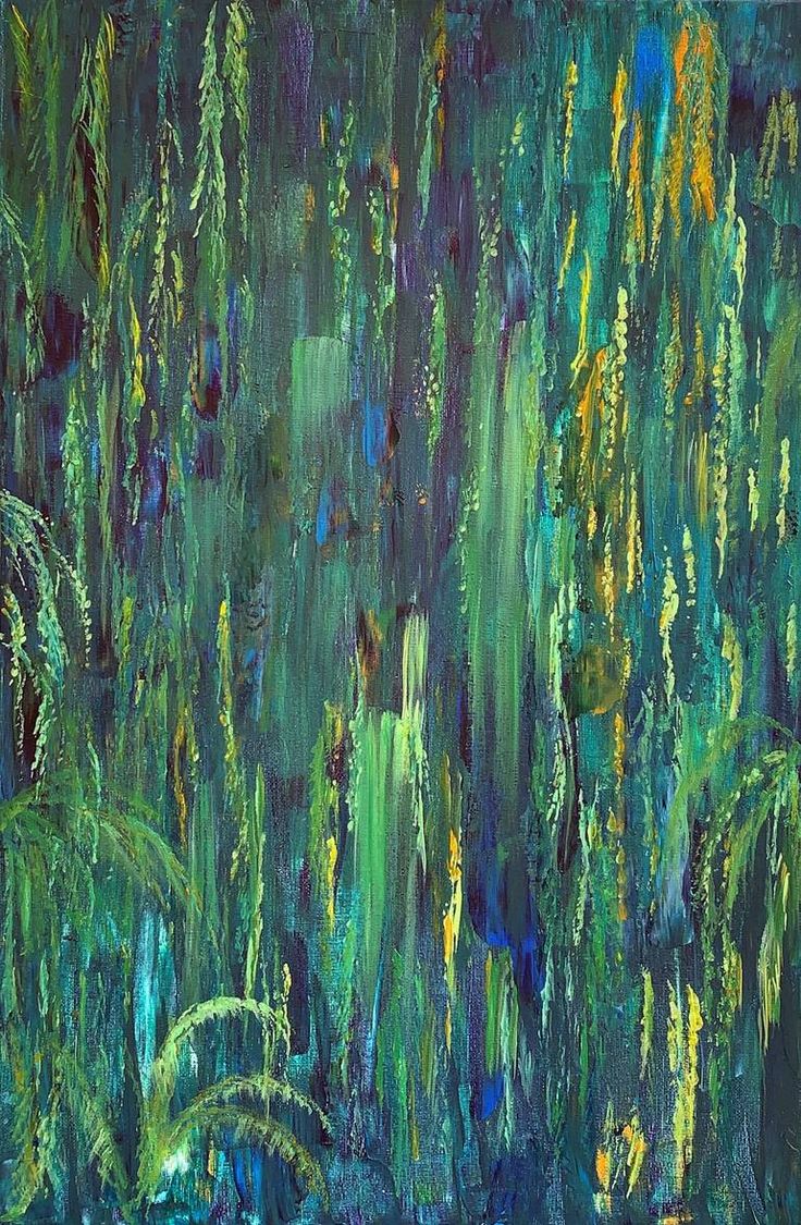 an abstract painting with green and blue colors on the bottom, surrounded by tall grass