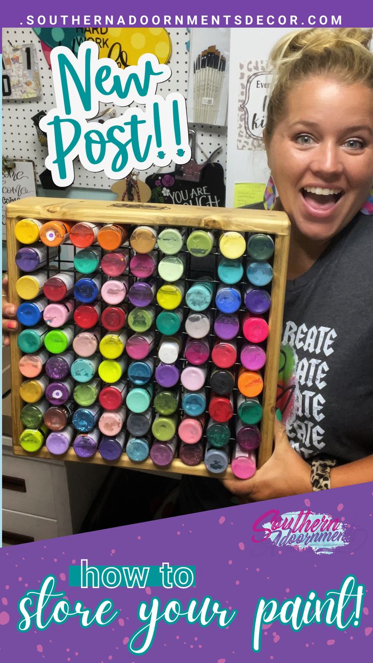 a woman holding up a box filled with lots of colorful crayons and the words new post how to store your paint