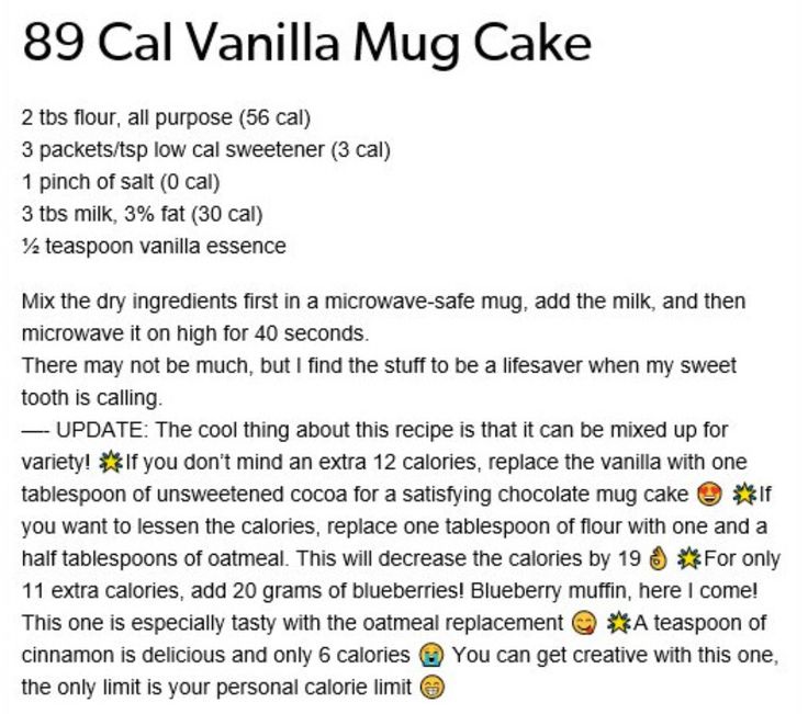 an email message with the text 98 cal vanilla mug cake