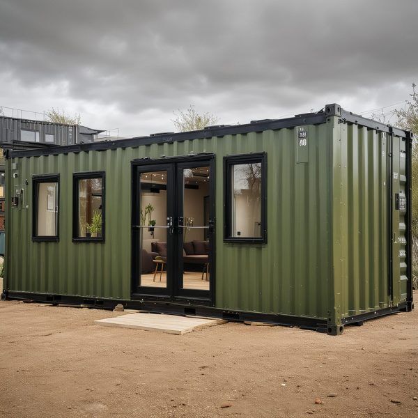 a green shipping container sitting on top of a dirt field