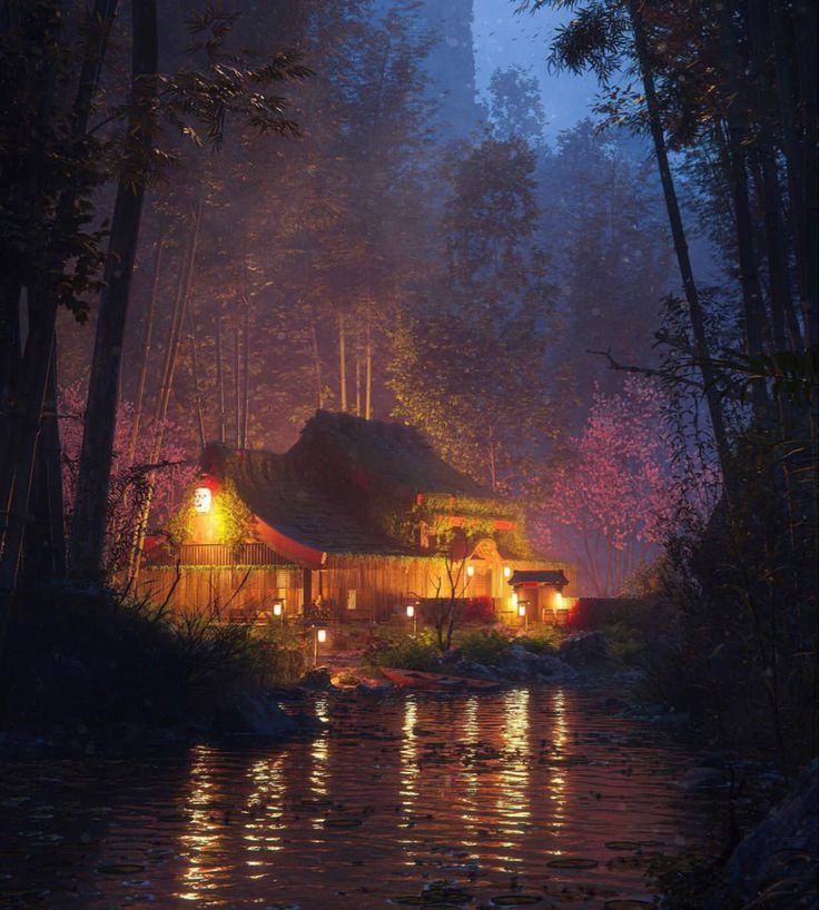 a house in the middle of a forest at night