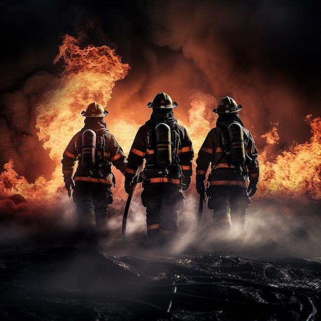 three fire fighters are standing in front of a large fire