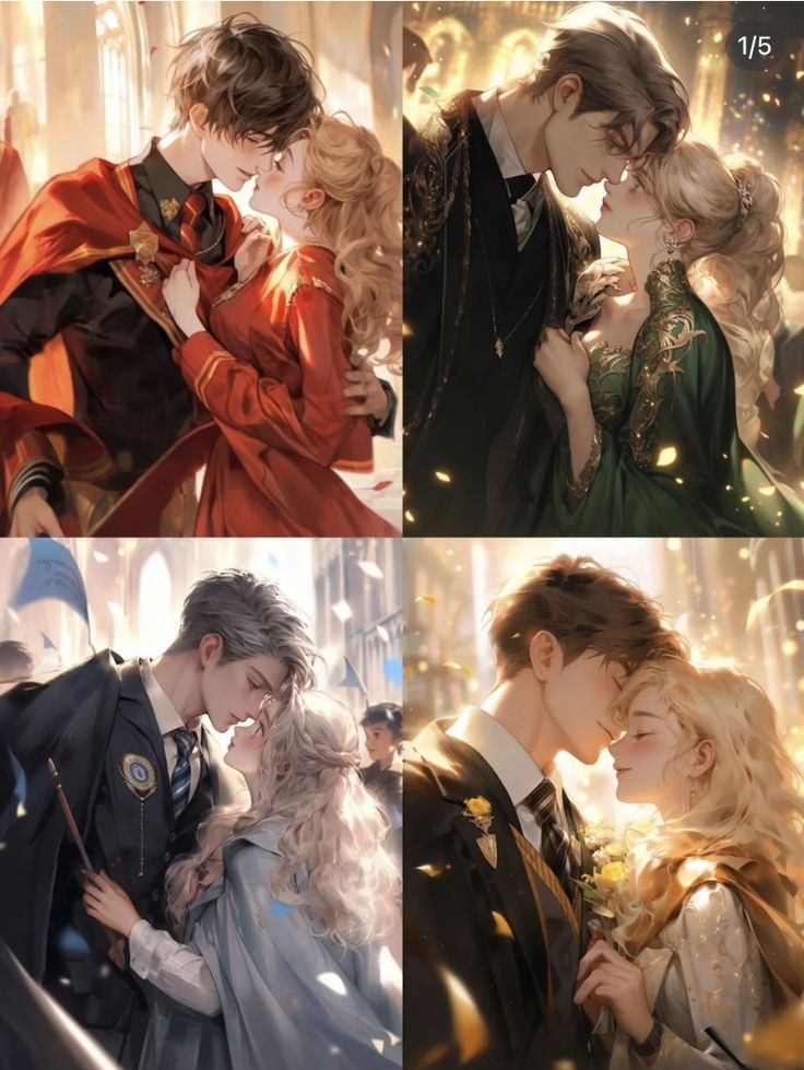 four different pictures of people in costumes and one is kissing the other's face