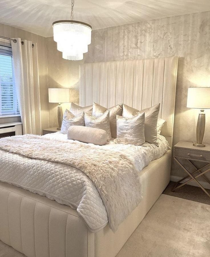 a large white bed sitting in a bedroom next to a window