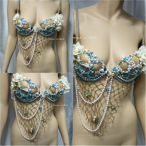 three pictures of a woman's bra with pearls and flowers on the chest,