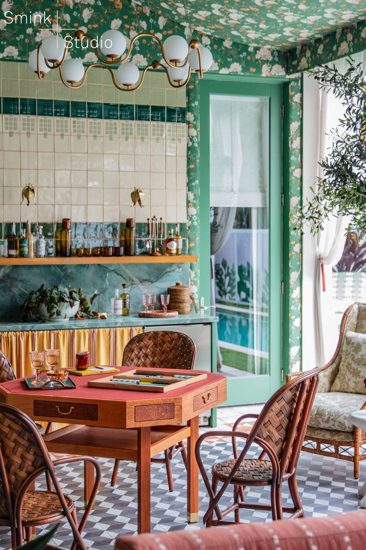 A poolside tented room in the Kips Bay Show House in Florida. Green tiles from Smink Studio adorn the wall of the bar. Outdoor Cabana, The Shade Store, Modern Coastal Decor, Show House, Romantic Wallpaper, Shade Store, Wallpaper Ceiling, Tile Inspiration, Handmade Tiles