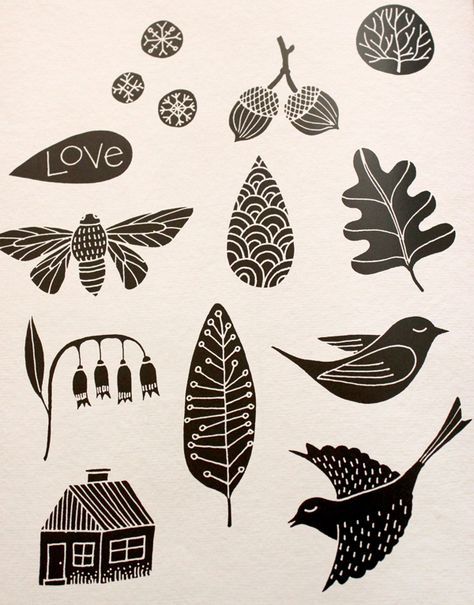 various black and white images of birds, leaves, and houses on a piece of paper