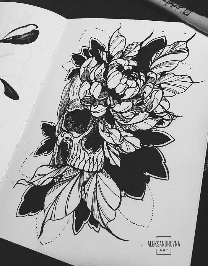 a drawing of a skull with flowers on it