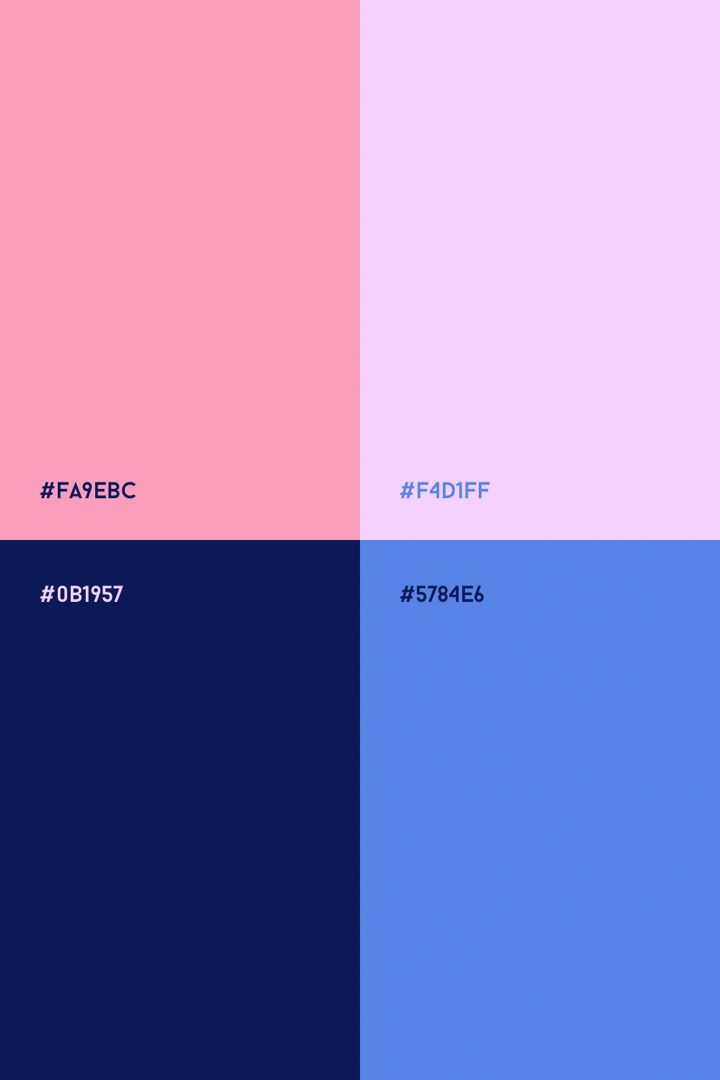 Pink and blue color palette: Soft pink, lilac, bright blue and navy blue color combination Navy Blue And Pink Palette, Pink Blue Colour Scheme, Navy Blue And Pink Colour Palette, Royal Blue And Pink Color Palette, Navy And Pink Palette, Periwinkle And Red Color Palettes, Blue And Pink Pallete Color, Denim And Pink Color Palette, Dark Blue Pink Color Palette