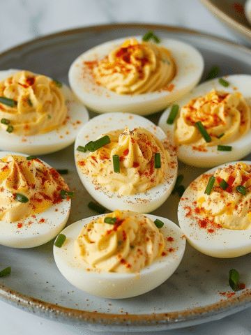 deviled eggs on a plate with garnishes