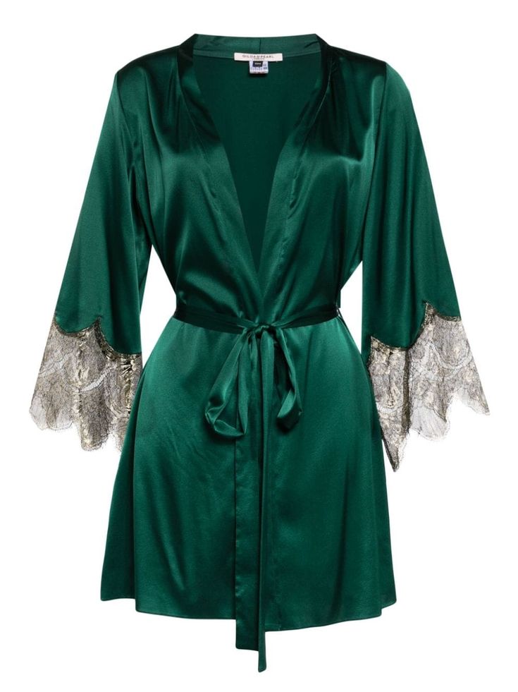 emerald green silk satin finish front tie fastening long sleeves lace cuffs thigh-length Green Silk Pajamas, Princess Pajamas, Winter Robes, Soul Contract, Cute Pjs, Lace Cuffs, Hogwarts Dr, Trust You, Silk Robe