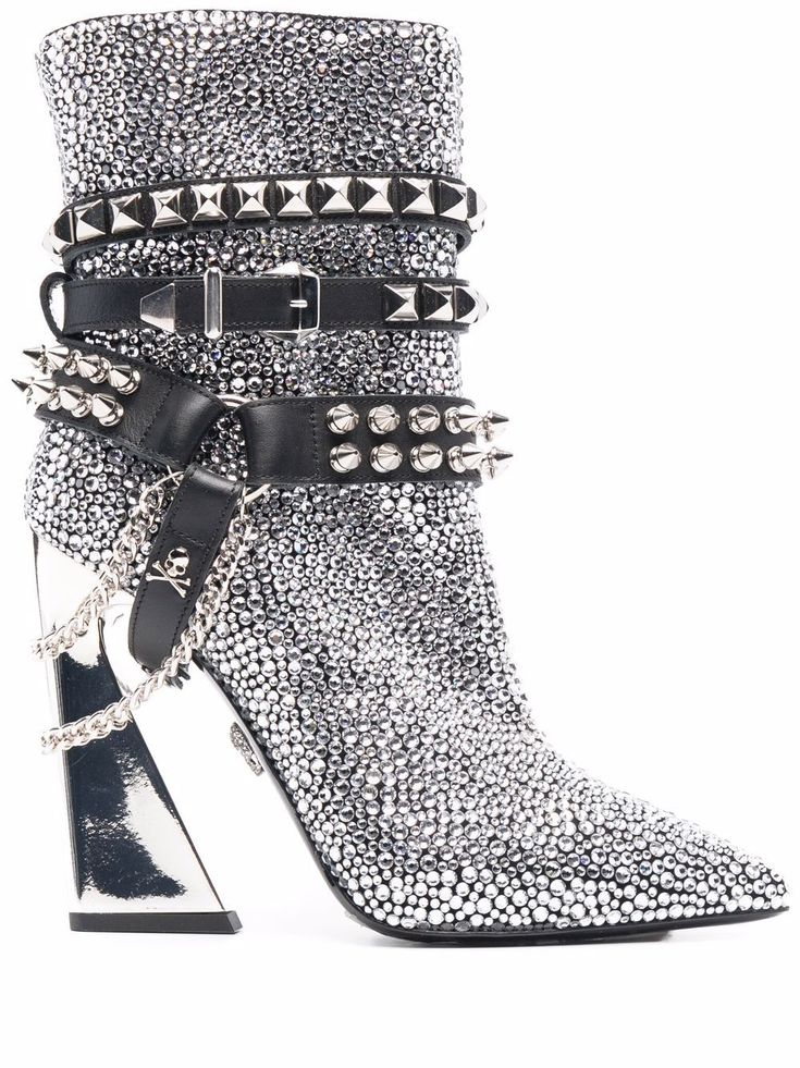 Crystal Boots, Pointy Boots, Hee Haw, Jeweled Shoes, Jeweled Sandals, Rhinestone Shoes, Black Rhinestone, Philipp Plein, Leather Silver