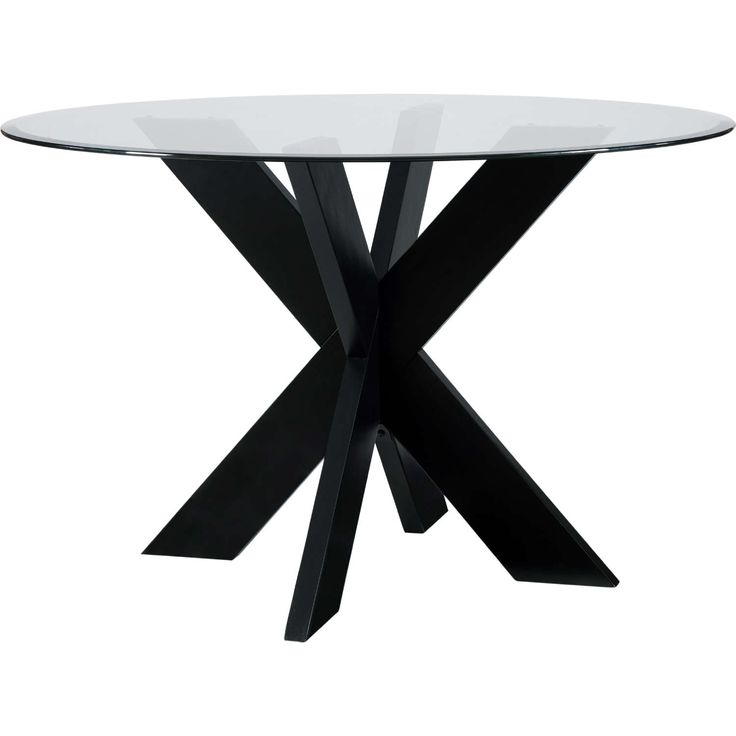 a glass table with black legs and a white top on a white background in the shape of an x