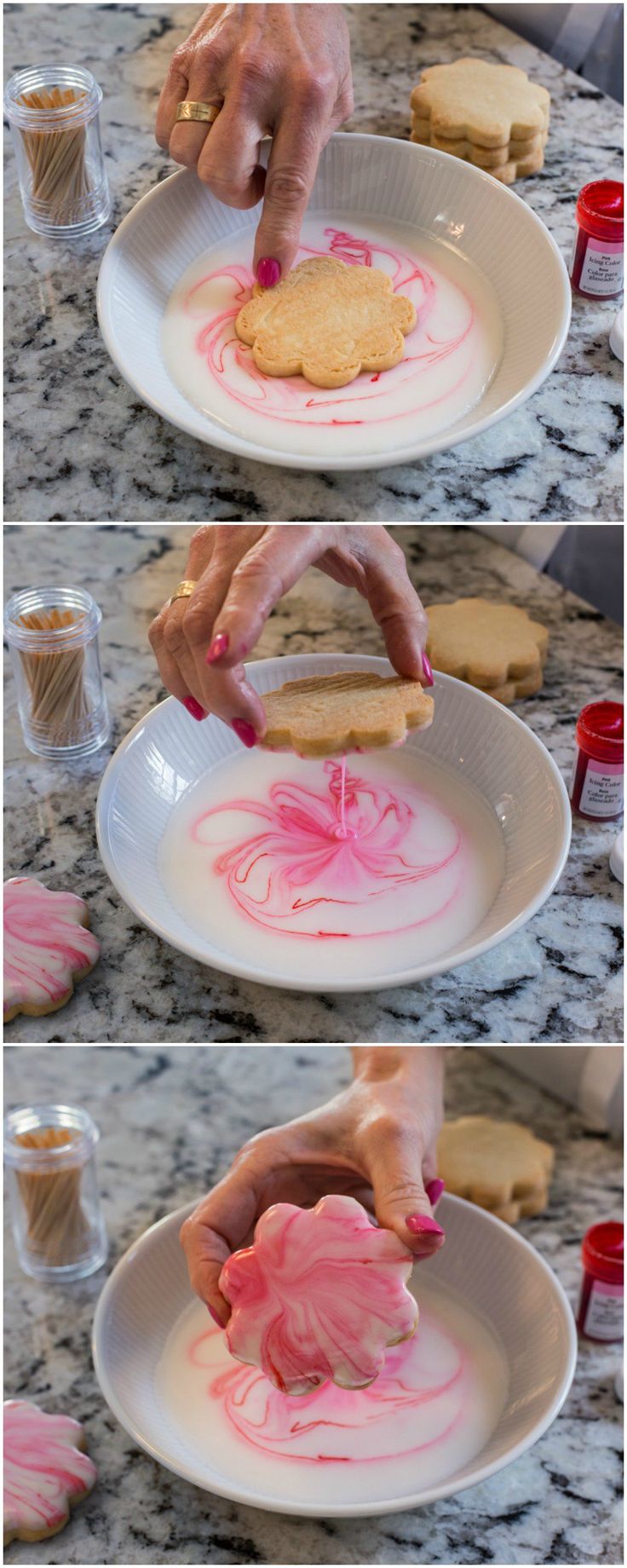 the process of making pink icing on white plates